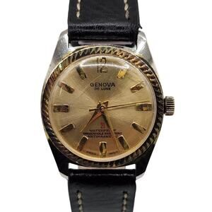 Genova De Luxe 21 Jewels Mechanical Watch Fluted Bezel & Black Leather Strap